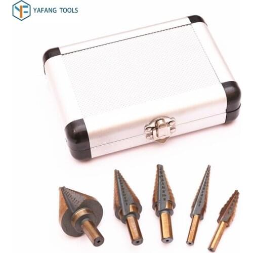 5pcs/set HSS Titanium Straight Flute Step Drill Bit Pagoda Shape Hole Cutter with Aluminum Case Core Drill Bit