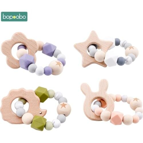 Bopoobo 1PC 0-12 Months BPA Free Silicone Beads Wooden Teether Animal Rattle Baby Bedside Rattle Toy Silicone Baby Beech Teether