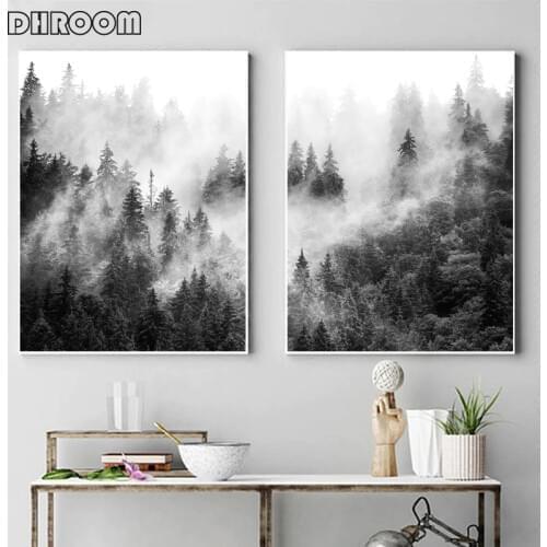 Nature Prints Forest Wall Art Black and White Tree Posters Foggy Forest Landscape Canvas Painting Wall Picture Living Room Decor