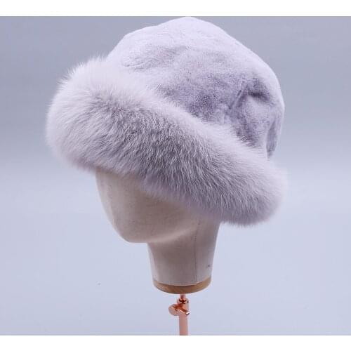 Womens Genuine Rex Rabbit Fur Hats Winter Rex Rabbit Fur Beanies Whole pelt Head Top Fox Fur Trimming Warm Real Fur Snow Caps