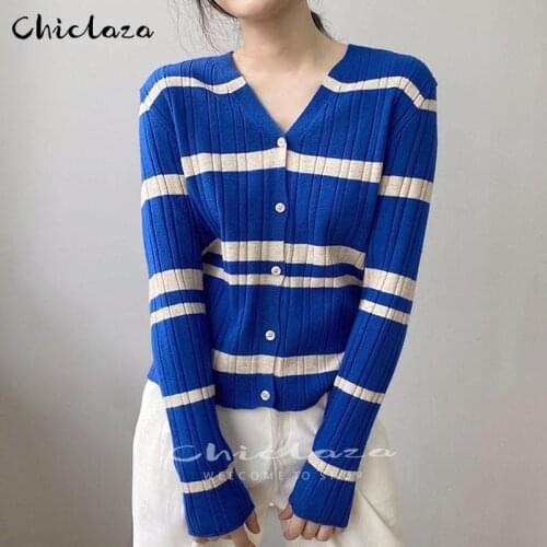 Women Fashion V Neck Knitted Cardigans 2021New Autumn Single Breasted Female Striped Sweater Coat Tops