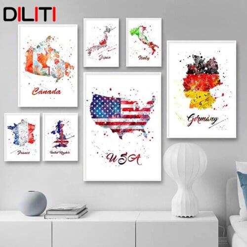 World Map of Famous Cities Canvas Painting Nordic Watercolor Posters and Prints Cartoon Wall Art Pictures for Living Room
