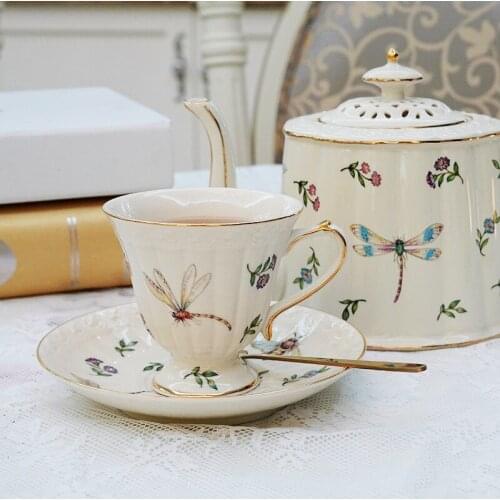 Ceramic coffee pot cup dragonfly bee butterfly afternoon tea set cup saucer English tea set teapot
