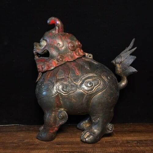 8"Chinese temple collection Old Bronze Lacquer Cinnabar Unicorn statue unicorn incense burner Gatekeeper Mythical beast Ornament