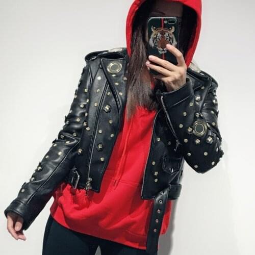Ladies real leather jacket women genuine leather jacket rivet leather