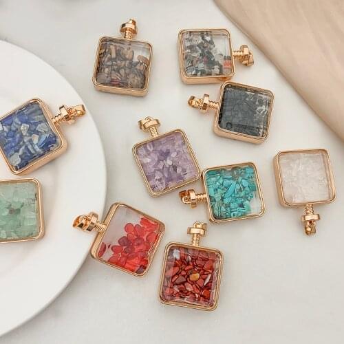 Square Wishing Bottle Necklace Pendant Pendulum Natural Crystal Crushed Stone Craft with Black Leather Chain Jewelry Accessories
