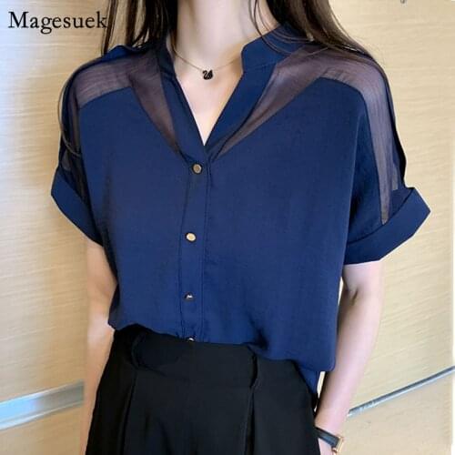 Fashion New V-neck White Shirt Solid Short Sleeve Mesh Tops Blusas Mujer De Moda Casual Women Clothing Office Lady Blouse9635