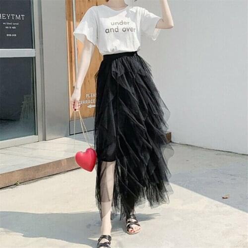 Fashionable Women Tiered Ruffle Long Maxi Skirt Party Lace Tulle Long Maxi Skirt Summer Pleated Layered Swing High Waist Skirts