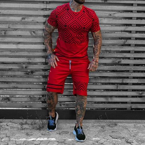 Tracksuit Men Summer Sports Fitness Jogging T-shirt Shorts Mens Suit Color Matching Beach Leisure 2-piece Men Sets Sportwear