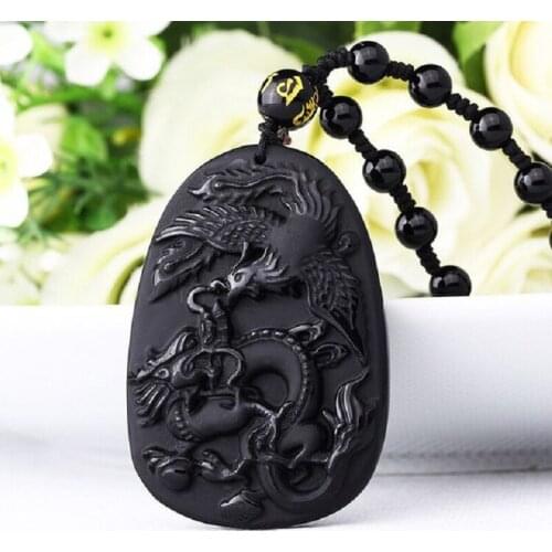 Natural Black Obsidian Carved Dragon Phoenix Necklace Pendant For Men Women Fine Jewelry With Bead Chain Pendants Drop Ship
