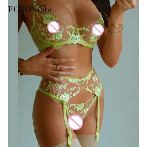 Echonight Neon Lingerie Sexy Underwear Set Transparent Bra Set Woman 2 Pieces Female Lace Underwear Women Sensual Lingerie Woman