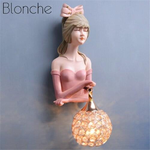 Nordic Pink Resin Girl Crystal Led Wall Lamp Romantic Princess Bedroom Bedside Decoration Restaurant Art Sconce Stairs Lights