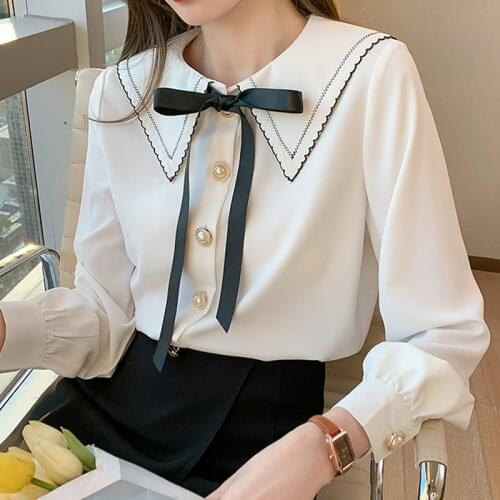 New fashion long sleeve bow chiffon blouse elegant female casual clothing chiffon shirt korean spring 2021 chiffon women tops