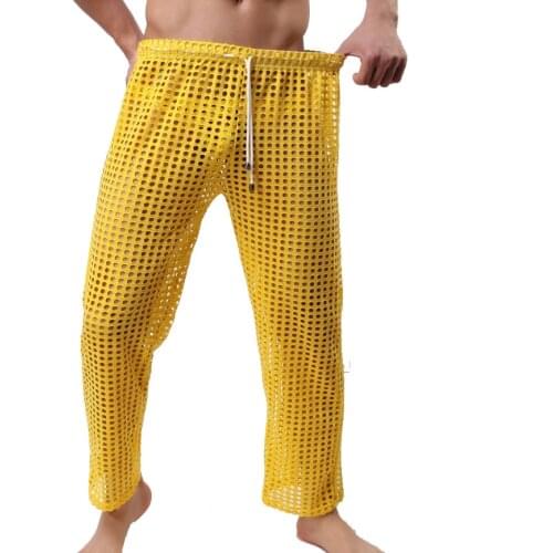 Mens Sexy Pajamas Gay Hollow Long Johns Homme Large Mesh Sleepwear Leggings Loose Fishnet Homewear Lounge Pants