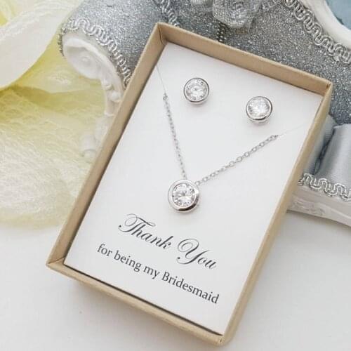 Customize text Simply round CZ wedding Bridesmaid maid of honor Necklace dangle crystal Necklace earrings set flower girl gifts