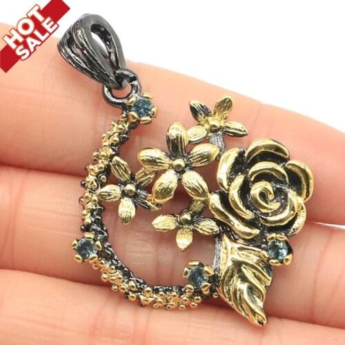 49x35mm Sublime Antique Rose Shape Created Blue Topaz Party Womans Black Gold Silver Pendant