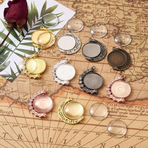 1Set 25mm Flatback Clear Glass Cabochons with Double Tray Pendant Cabochon Setting Base for DIY Rotatable Necklace Pendat Making