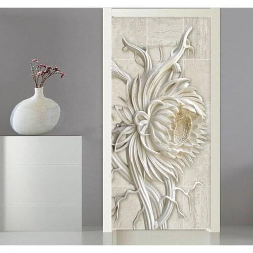 PVC Door Sticker 3D Embossed Sandstone Texture Stone Carving Sunflower Mural Wallpaper Kitchen Restaurant Self-Adhesive Stickers