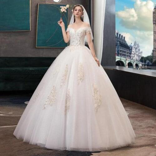 Wedding Dress 2020 New Elegant Boat Neck Wedding Ball Gowns Vestido De Noiva Luxury Sequins Lace Embroidery Slim Bride Dress