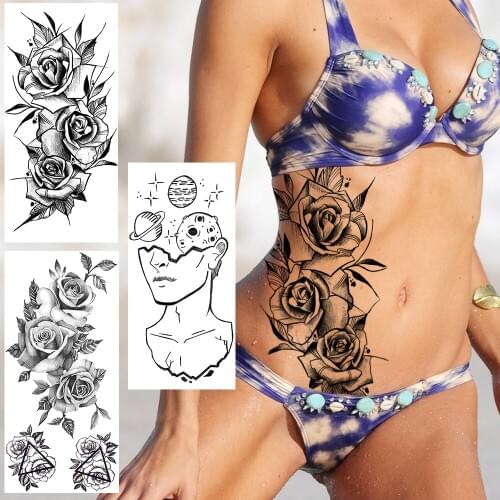 Beautiful Flower Temporary Tatoo Sticker Creative Galaxy Face Tatoo Fake Geometric Black Rose Tatoo For Women Men Body Art Tatoo