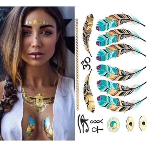 Flash Metallic Waterproof Tattoo Gold Silver Women Fashion Henna Feather Design Temporart Tattoo Sticker Body Art Arm Waist