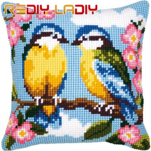 Cross Stitch Cushion Singing Birds Make Your Own Pillow DIY Chunky Cross Stitch Kits Pre-Printed Canvas Acrylic Yarn Pillow Case