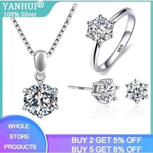 YANHUI High Quality Wedding Jewelry Sets Women Luxury 2.0ct Round CZ Diamond Ring Earrings Necklace Set Bridal Fine Accessories