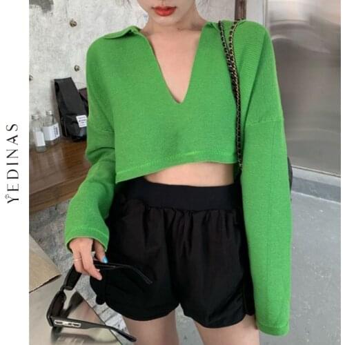 Yedinas Autumn 2020 Womens Clothing Elegant Knitted Sweater Crop Top Sexy V Neck Solid Long Sleeve Short Pullover Spring Tops