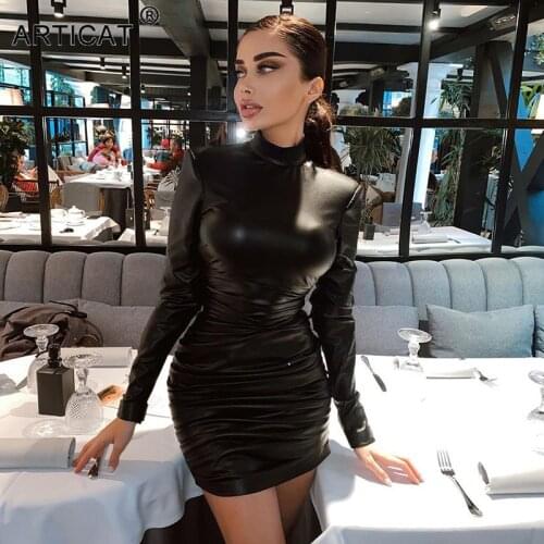 Articat Long Sleeve Ruched Bodycon Dress For Women O Neck Sexy Skinny Mini Dresses Slim Winter Club Partywear Vestidos Female