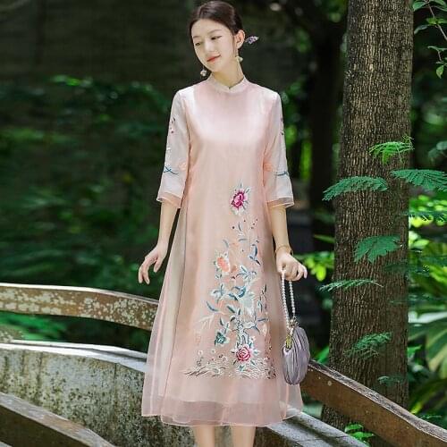 Summer Stand Collar Plus Size Loose Young Retro Embroidery Big Flower Organza Chinese Style Womens Cheongsam Dress S-XXL