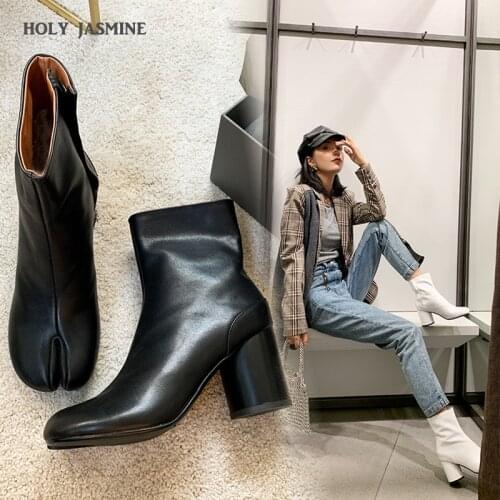 2020 Brand Design Tabi Split Toe Boots Women Leather Zapatos Mujer Chunky High Heel Ankle Boots Women Shoes Fashion Botas Mujer
