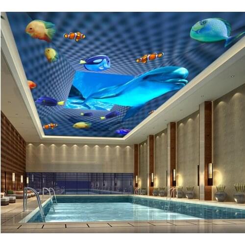 Fresh blue dolphin submarine channel 3d wallpaper living room Custom photo wallpaper 3D stereoscopic