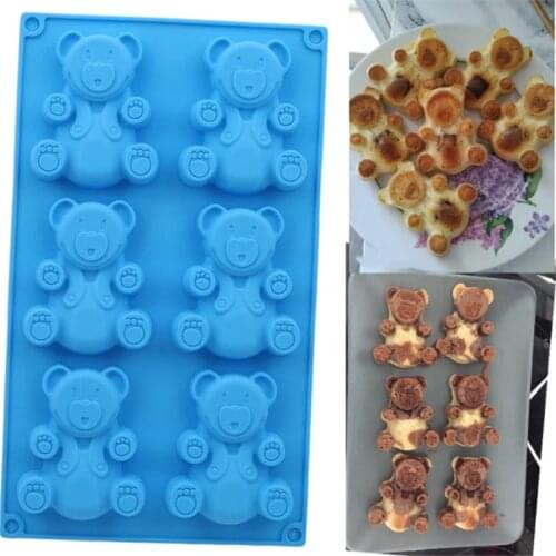 6 Holes 3D Lovely Bear Form Cake Mold Silicone Mold Baking Tools Kitchen Fondant Cake Mold Blue Color Baking Supplies