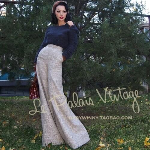 FREE SHIPPING Le palais vintage beige tweed elegant vintage all-match high waist trousers/pants