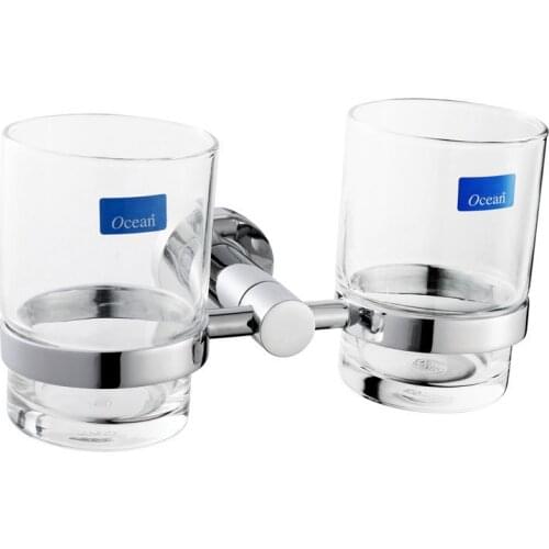 Double Tumbler Holder/Toothbrush Cup Holder, Brass Base with Chrome finish+Glass Cup GB001G