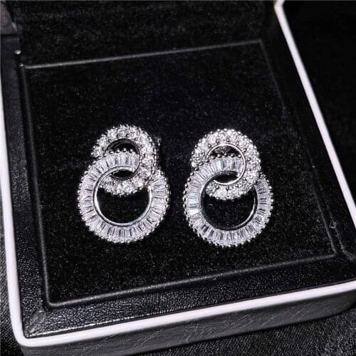 Geometric Double Round Stud Earrings Female Luxury Crystal Circle Earrings For Women White Zircon Silver Color Wedding Earrings