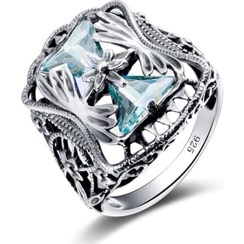 Flower Aquamarine Ring For Women Solid 925 Sterling Silver Jewelry Trillion Shape Gemstone Punk Antique Silver Bride Female Gift