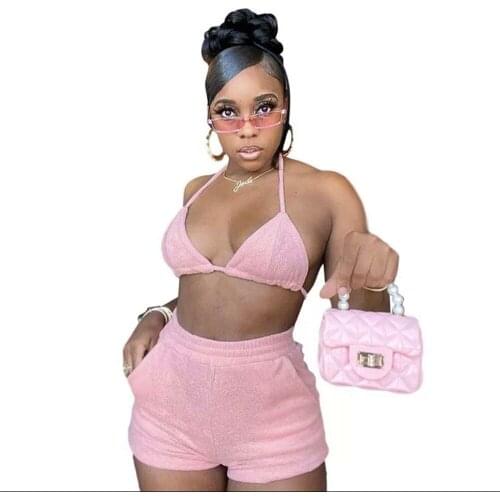 XLLAIS Good Stretch Pink Soft Shorts Sets Women Sexy Summer V-Neck Drawstring Crop Top High Waist Legging Pants Two Piece Outfit