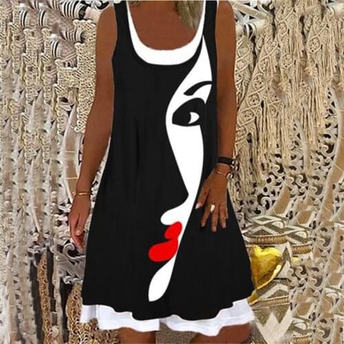 Summer Dress Women O-neck Fashion Loose Abstract Flower Printing Leisure A-line Dress Sleeveless Fake Two-piece Dress