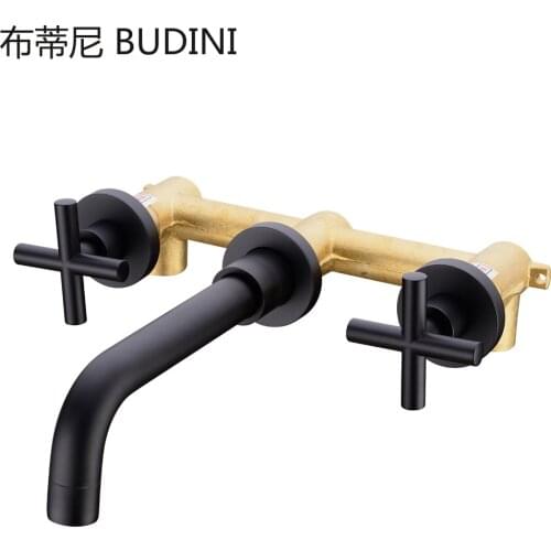 Matte Black Brass Double Handle Wall Mounted Bathroom Faucets Sink Faucet Hot & Cold Water Taps Basin Mixer Brushed Gold Tap Set
