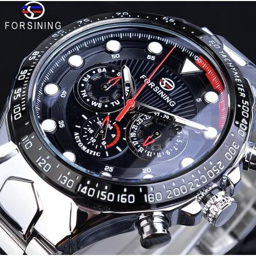 Forsining Brand Watch Men Chronograph Luminous Hand Auto Date Stainless Steel Black 30m Waterproof Fashion Sport Male Clock Gift