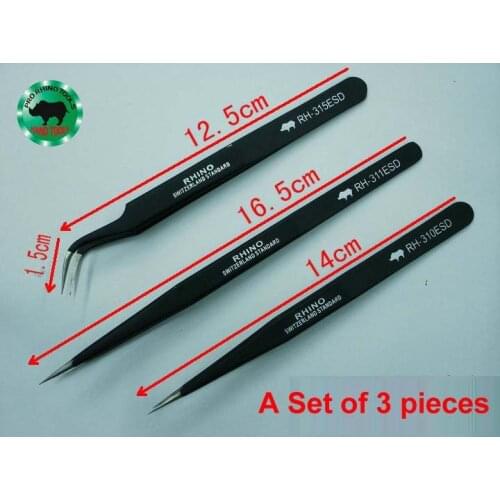 A Set 3 pcs Japanese RHINO RH Serial ESD Tweezers Anti-static High-precision Super Hard For Repairing Watch or Mobile