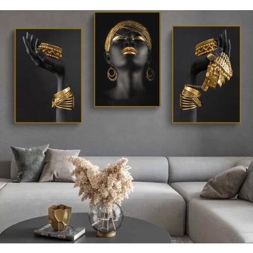 African black-gold skin woman canvas painting and poster, print modern art pictures, decorate the home living room