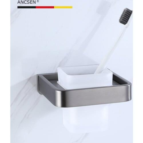 Gun gray Square Toothbrush Holder Stainless Steel Toothbrush Cup Holder Bathroom Wall Mounted Single Cup Rack With Glass Cup