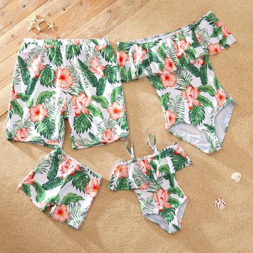 PatPat 2021 New Arrival Leaf and Floral Print Off Shoulder Family Matching Swimsuits