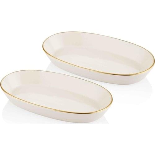 The Mia Gift Special Invited Guests Catering Food Sweet Cookie Cake Appetizer Salata Basic Oval Cream Serving Platter-29cm 2 Piece Set