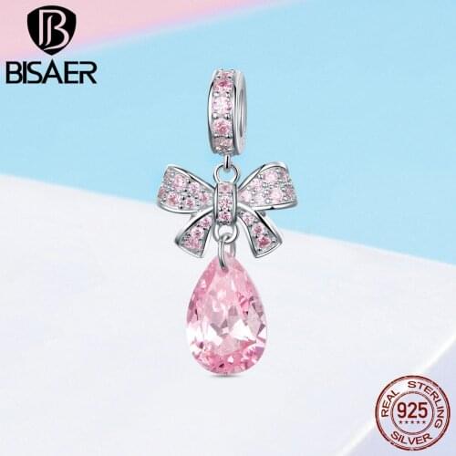 BISAER 925 Sterling Silver Pink Bowknot Charms Crystal CZ Zircon Bowknot Beads for Jewelry Making fit Bracelet Jewelry ECC1074