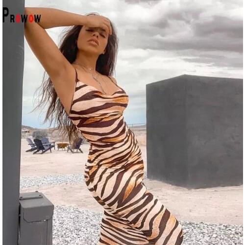 Prowow Sexy Leopard Maxi Womens Dress Sleeveless Summer Camisole Vacation Beachwear Outfits for Women Vintage Streetwear