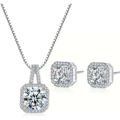 Retro 925 Sterling Silver Square Necklace Earrings Jewelry Set For Women Girls CZ Cubic Zircon Fashion Jewelry Wholesale