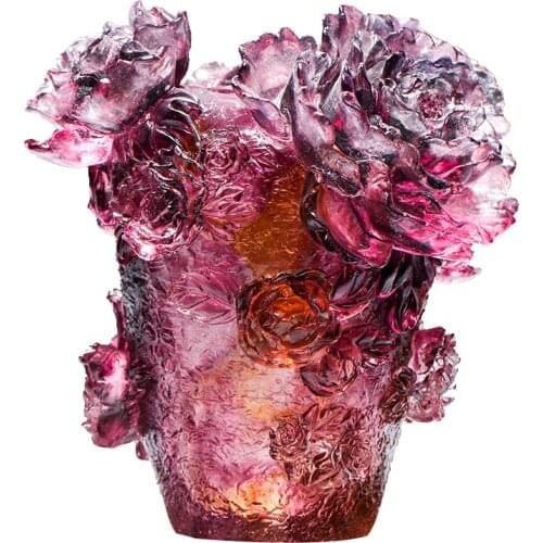 Top-end Luxury Royal Premium Colored Glaze Noble Purple Tree Peony Flowers Vase Glass Home Hall Office Decor Beauty Crystal Art